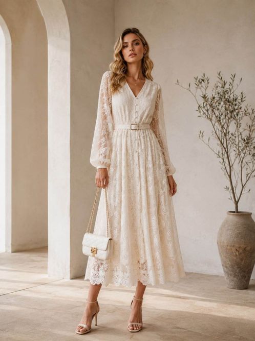 Hovedbilde Frida kjole lang med volanger beige 